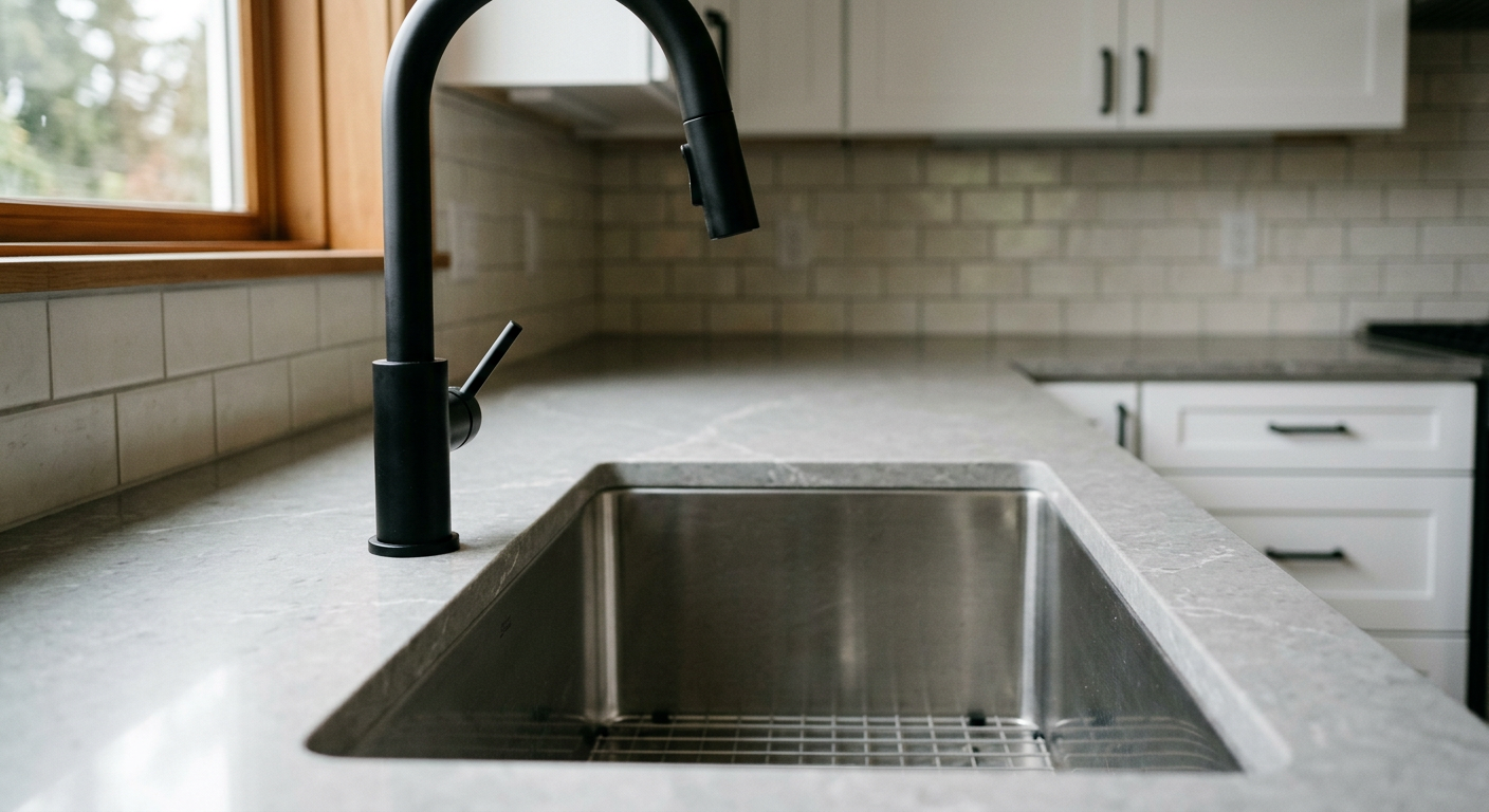 Close-up of a new quartz countertop and undermount sink in a recently completed Seattle kitchen remodel.