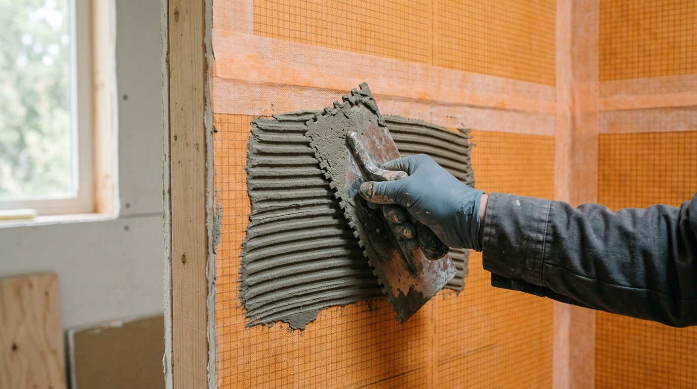 A contractor applies mortar over a waterproofing membrane during a bathroom remodel in Bellevue, WA.
