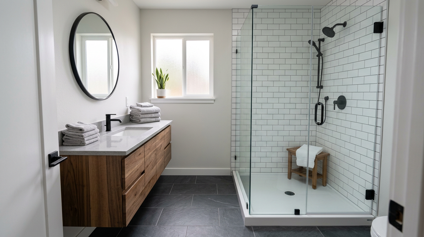 A beautifully finished modern bathroom remodel in a Seattle home.