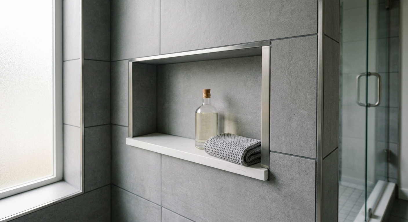 A close-up on the expert tile and waterproofing work in a newly remodeled Bellevue bathroom shower.
