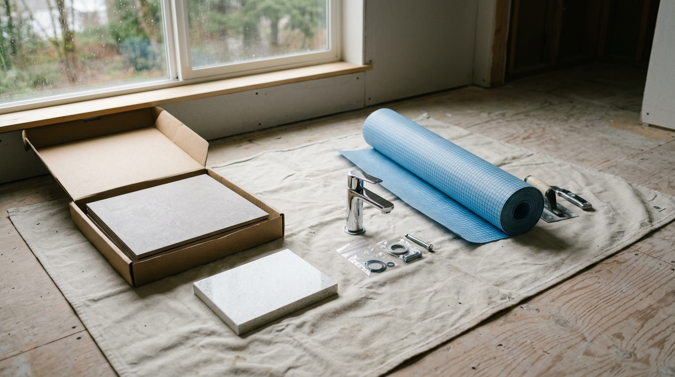 A layout of bathroom remodel materials, including tile and a faucet, for a home renovation project in Edmonds, WA.