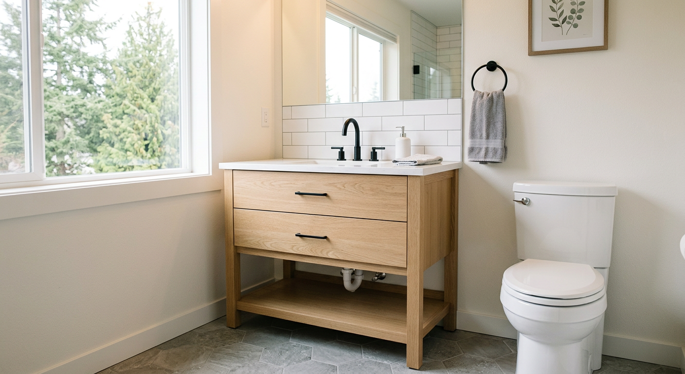 A newly remodeled, clean, modern bathroom in an Everett, WA home featuring a new vanity and tile.