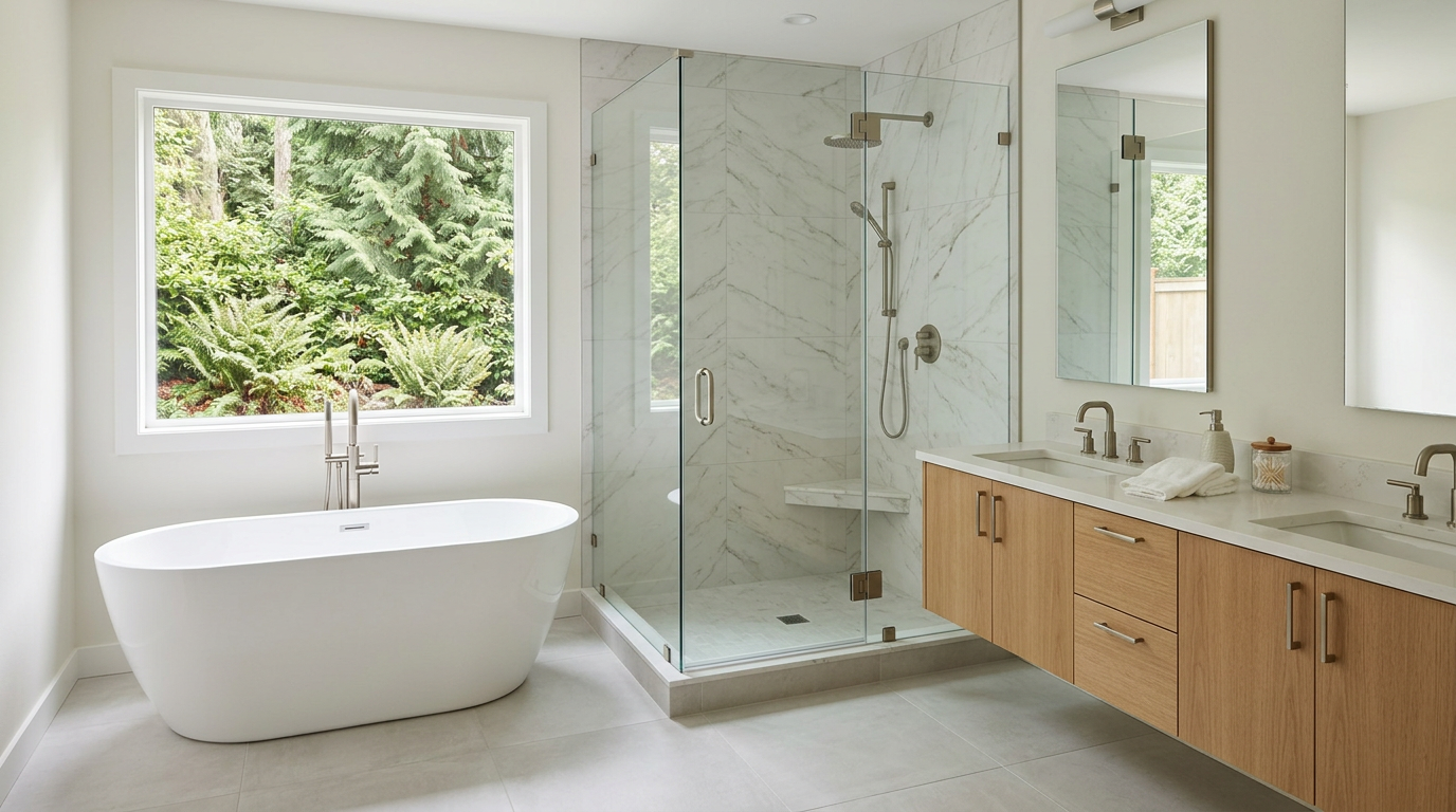 A high-end, newly finished master bathroom remodel in a Mercer Island home.