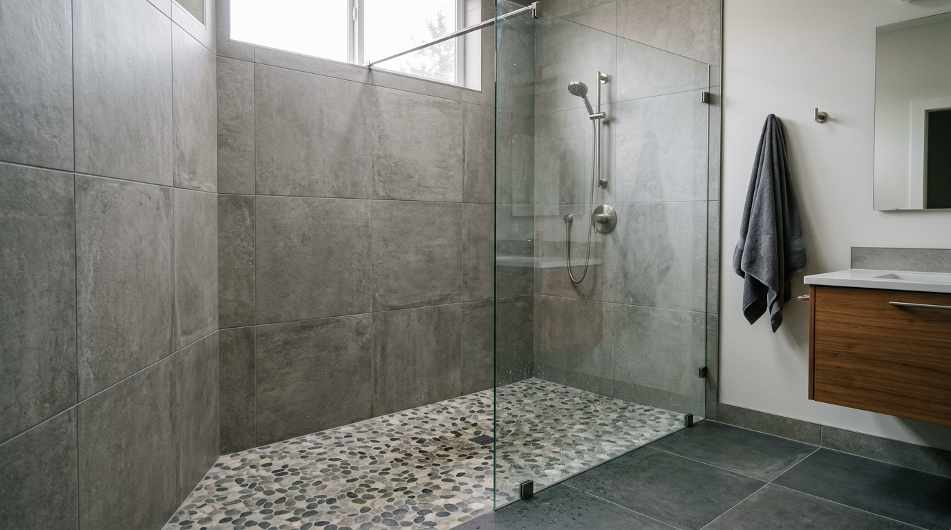 A completed mid-range bathroom remodel in a Mill Creek, WA home, featuring a new tiled walk-in shower.