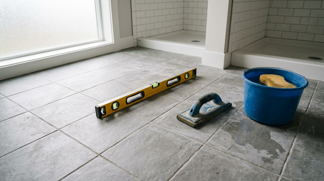New gray porcelain tile floor being installed during a bathroom remodel in Mountlake Terrace, WA.