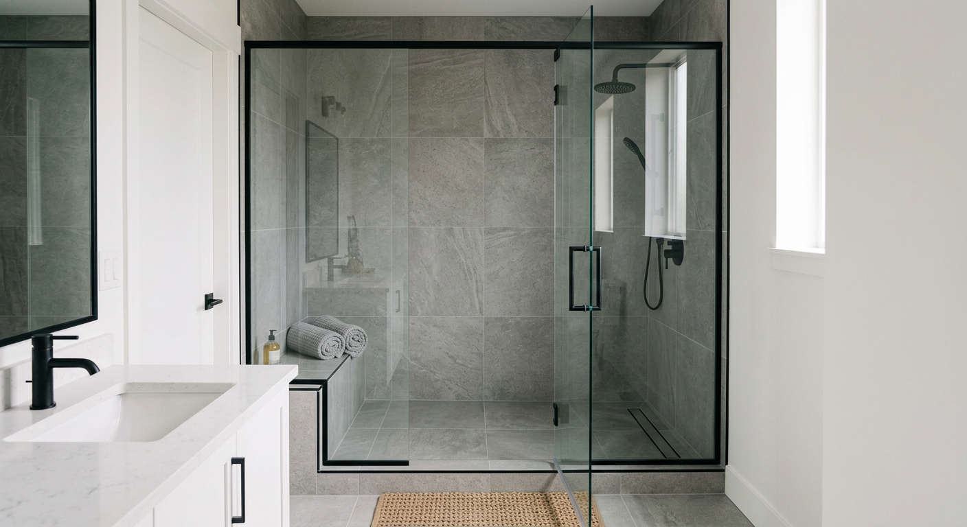 A newly remodeled walk-in shower in a Mukilteo, WA home with modern grey tile and matte black fixtures.