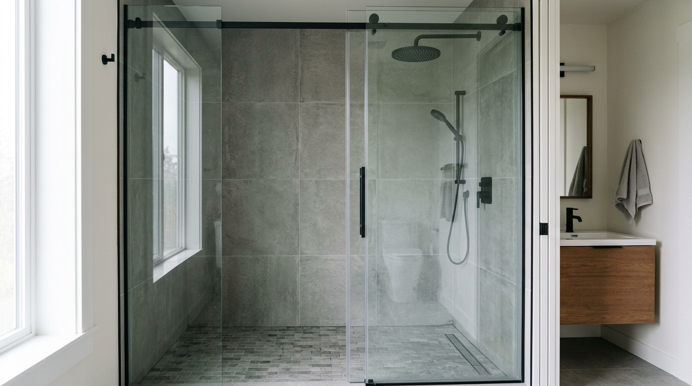 A modern, spa-like bathroom remodel in Redmond, WA, featuring a custom tiled walk-in shower.