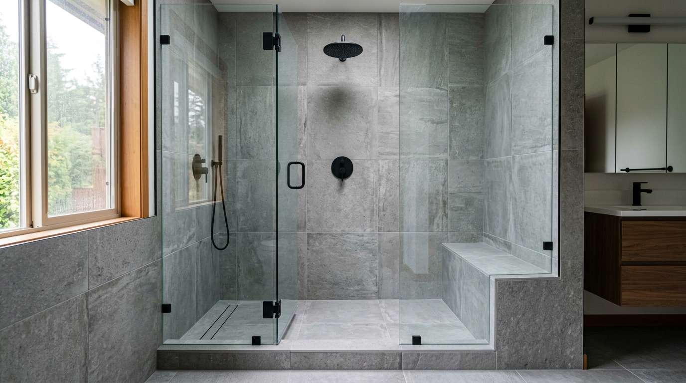 Newly remodeled luxury walk-in shower in a Redmond, WA home, featuring gray tile and a black matte rain shower head.
