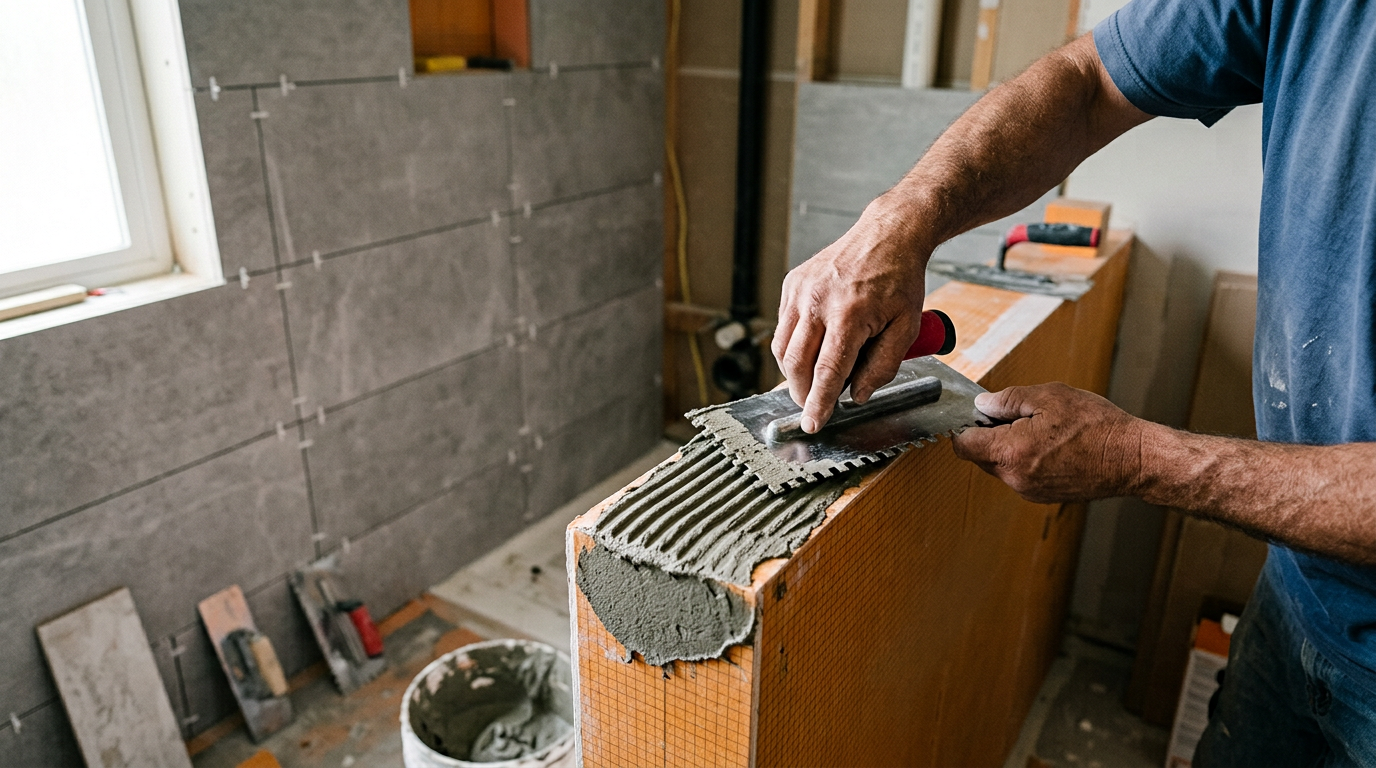 Applying mortar to a waterproof backer board during a bathroom remodel in Seattle, WA.