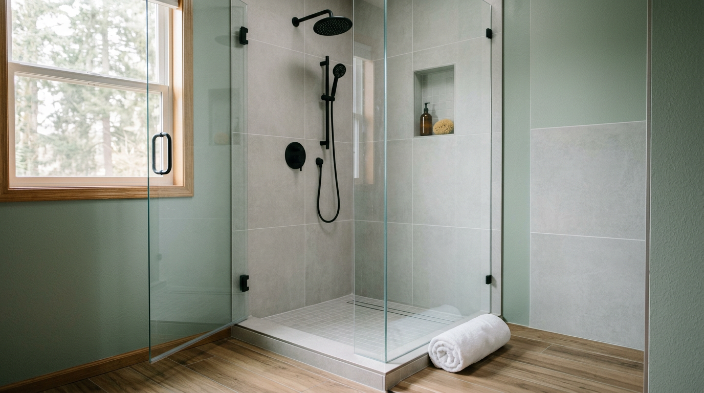 A bright, newly remodeled walk-in shower in an Edmonds home, featuring light gray tiles and a modern black showerhead.