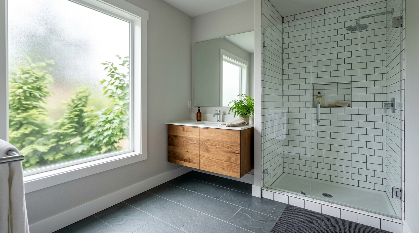 A finished modern bathroom remodel in an Edmonds, WA home with a walk-in shower and new vanity.