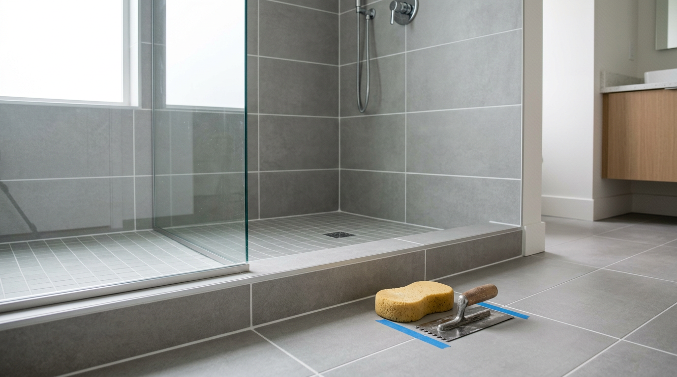 Newly installed grey tile in a shower during a bathroom remodel in Mountlake Terrace, WA.