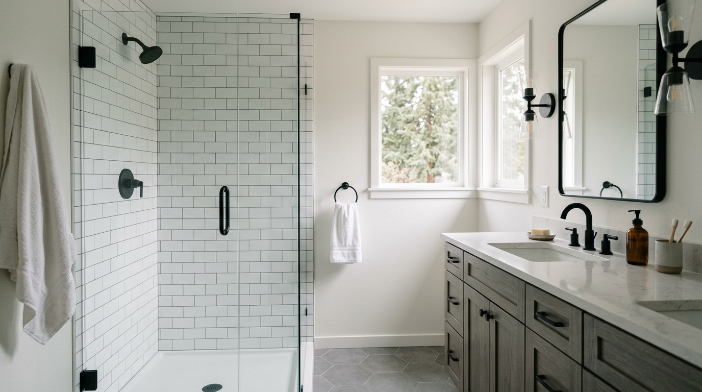 A newly completed bathroom remodel in a Mukilteo, WA home with a modern walk-in shower and vanity.