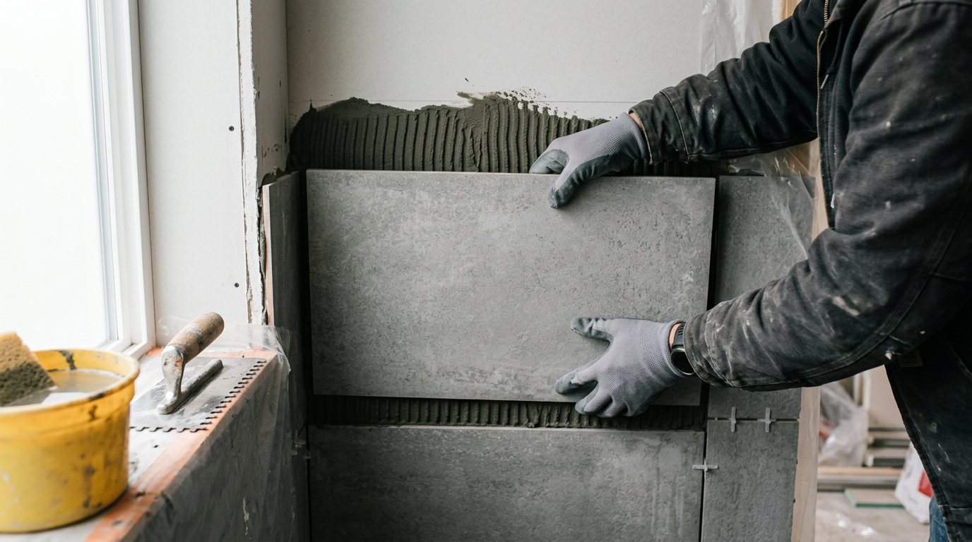 A close-up of new tile being installed during a bathroom remodel in Redmond, WA.