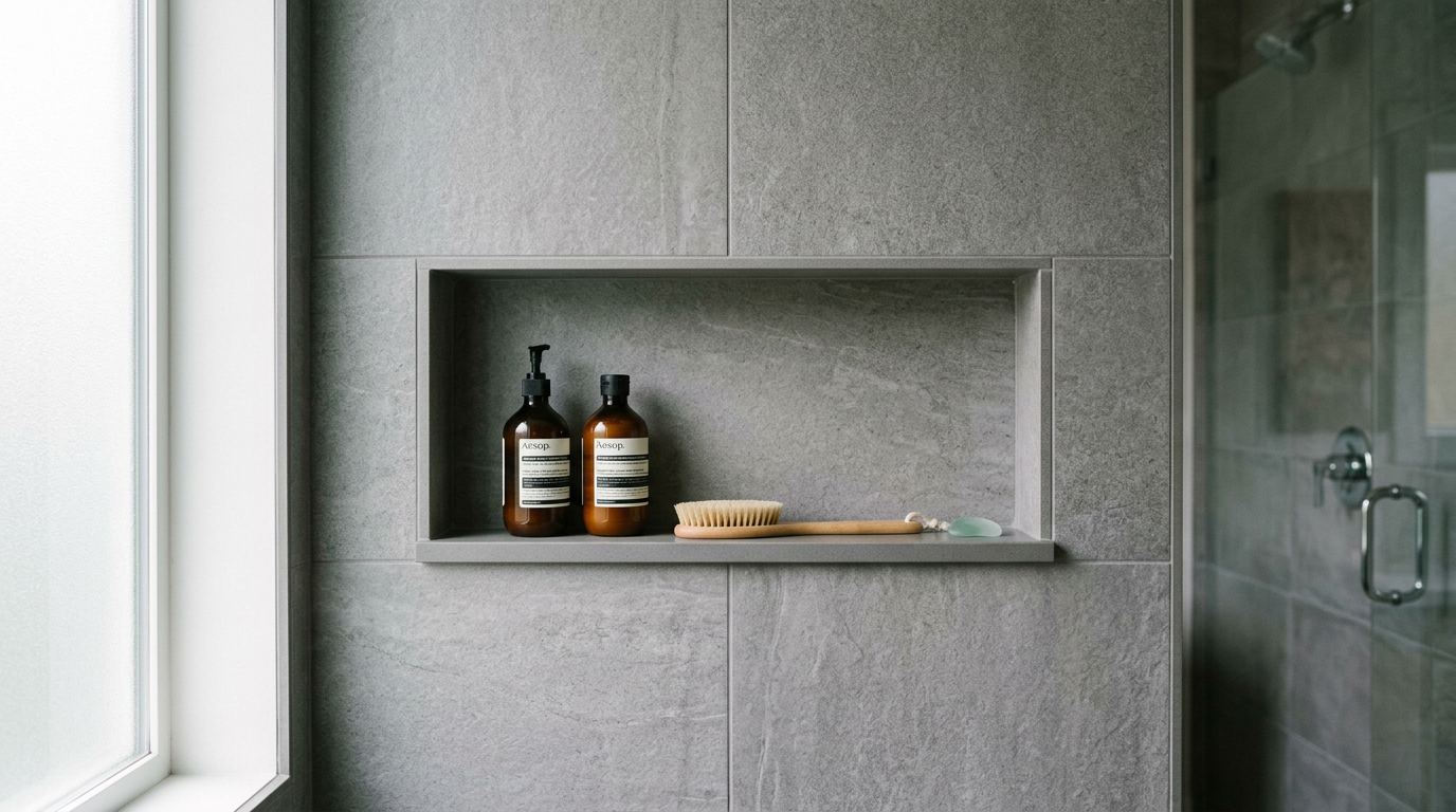 A newly tiled shower niche in a modern Seattle bathroom remodel.
