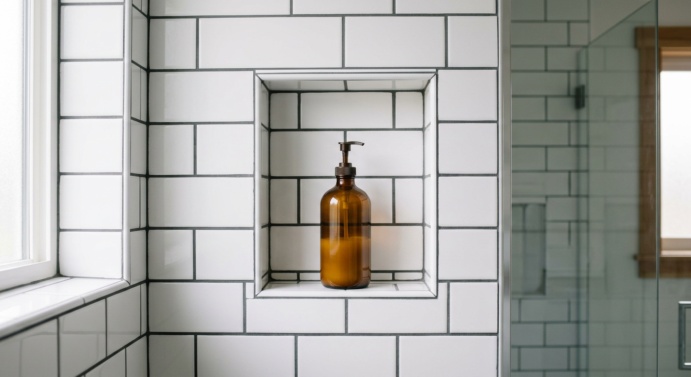 A modern, clean shower niche in a newly remodeled bathroom in Shoreline, WA.