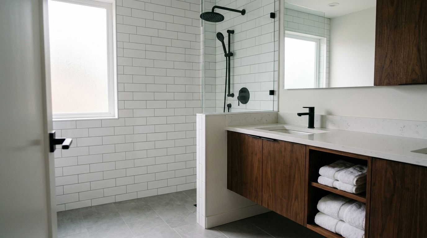 A bright, modern remodeled bathroom in a Seattle home with a walk-in shower and new vanity.
