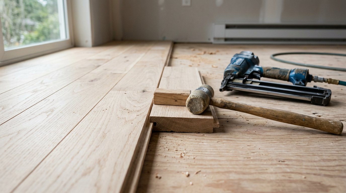 A close up of new white oak hardwood flooring being installed in a Bellevue, WA home, showing the tools of the trade.