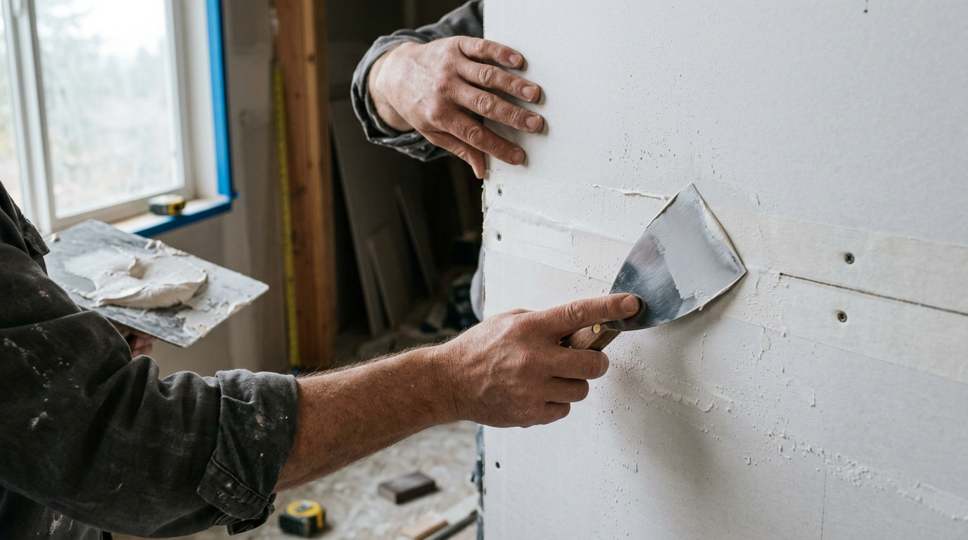 A close-up of a contractor performing drywall finishing work during an interior remodel in a Bellevue home.