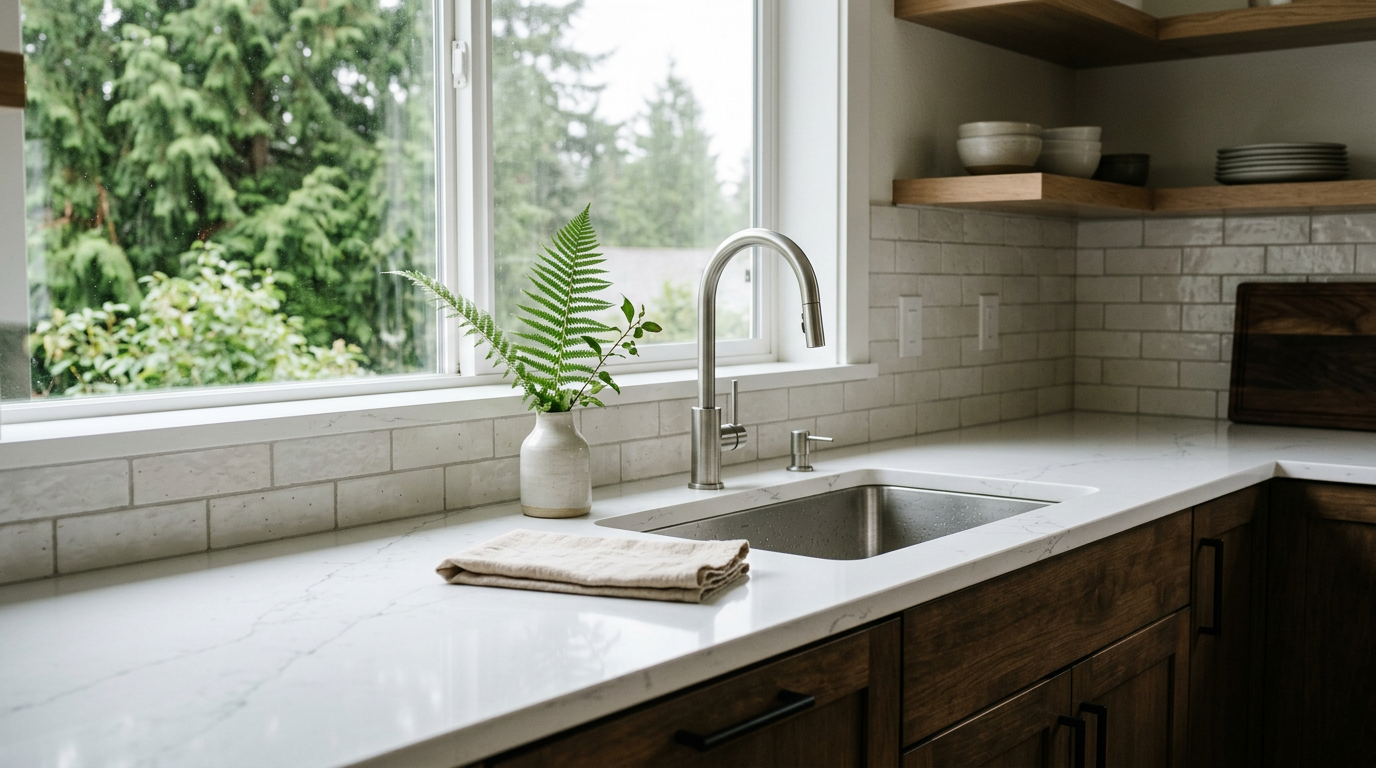 New quartz countertops and tile backsplash in a remodeled Bothell kitchen.