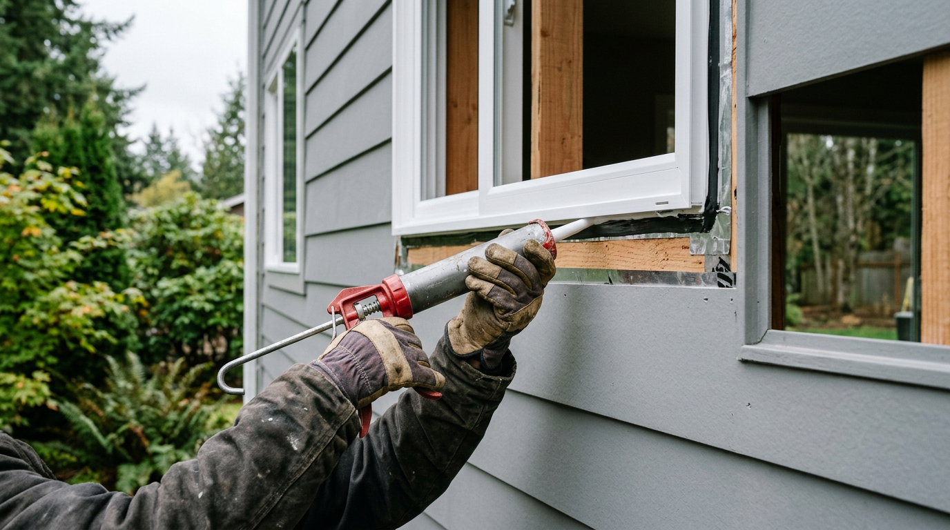 A close-up of a new vinyl window being installed on a home in Bothell, WA, showing proper sealant application.