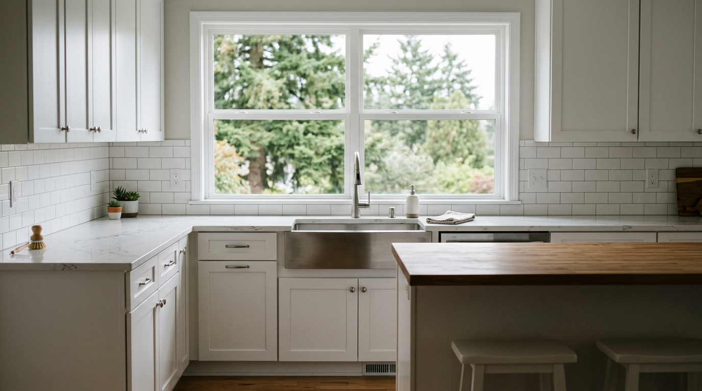 A bright, newly remodeled kitchen in an Edmonds home, featuring white shaker cabinets and quartz countertops.