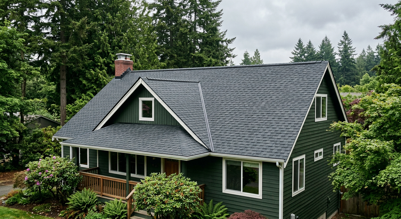 A new architectural composite shingle roof on a home in Edmonds, WA.