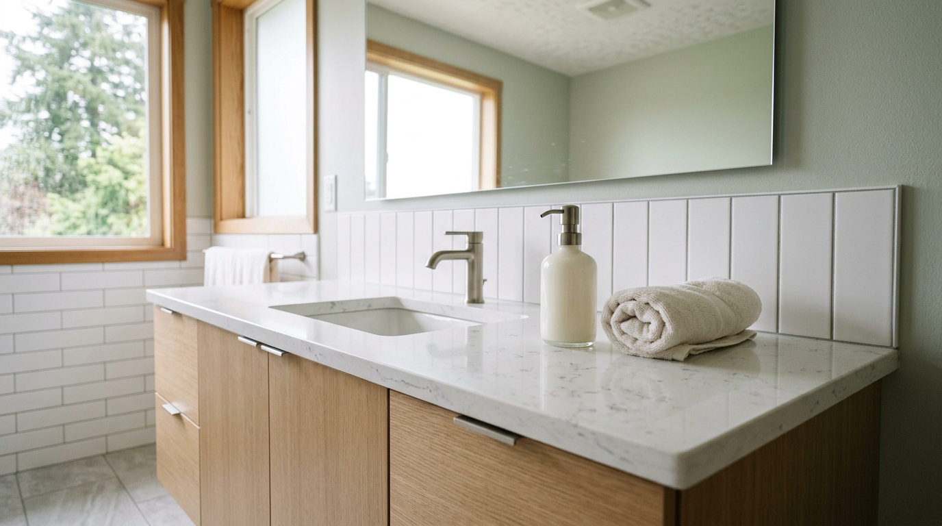 A newly remodeled bathroom vanity with a white quartz countertop in an Everett, WA home.