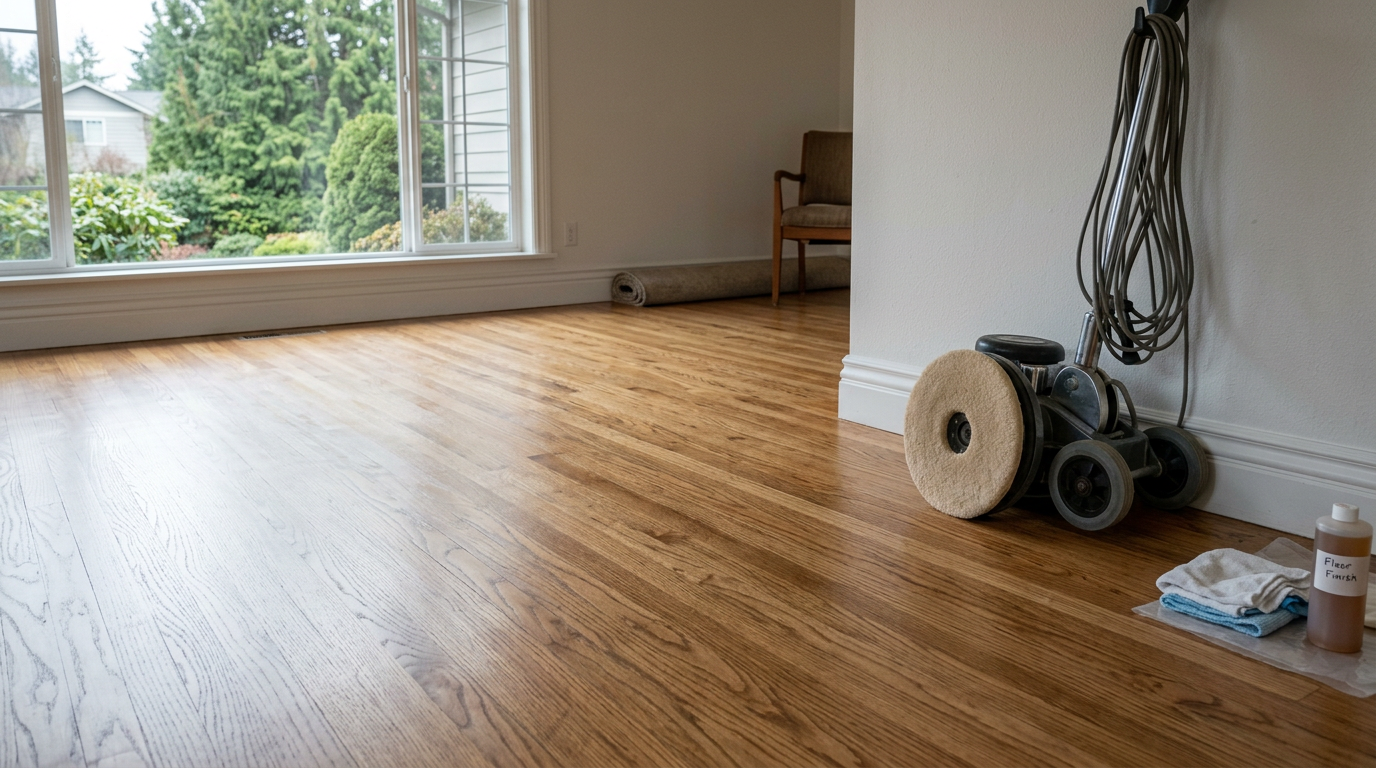 Newly refinished hardwood flooring in an Everett, WA home, reflecting natural light.