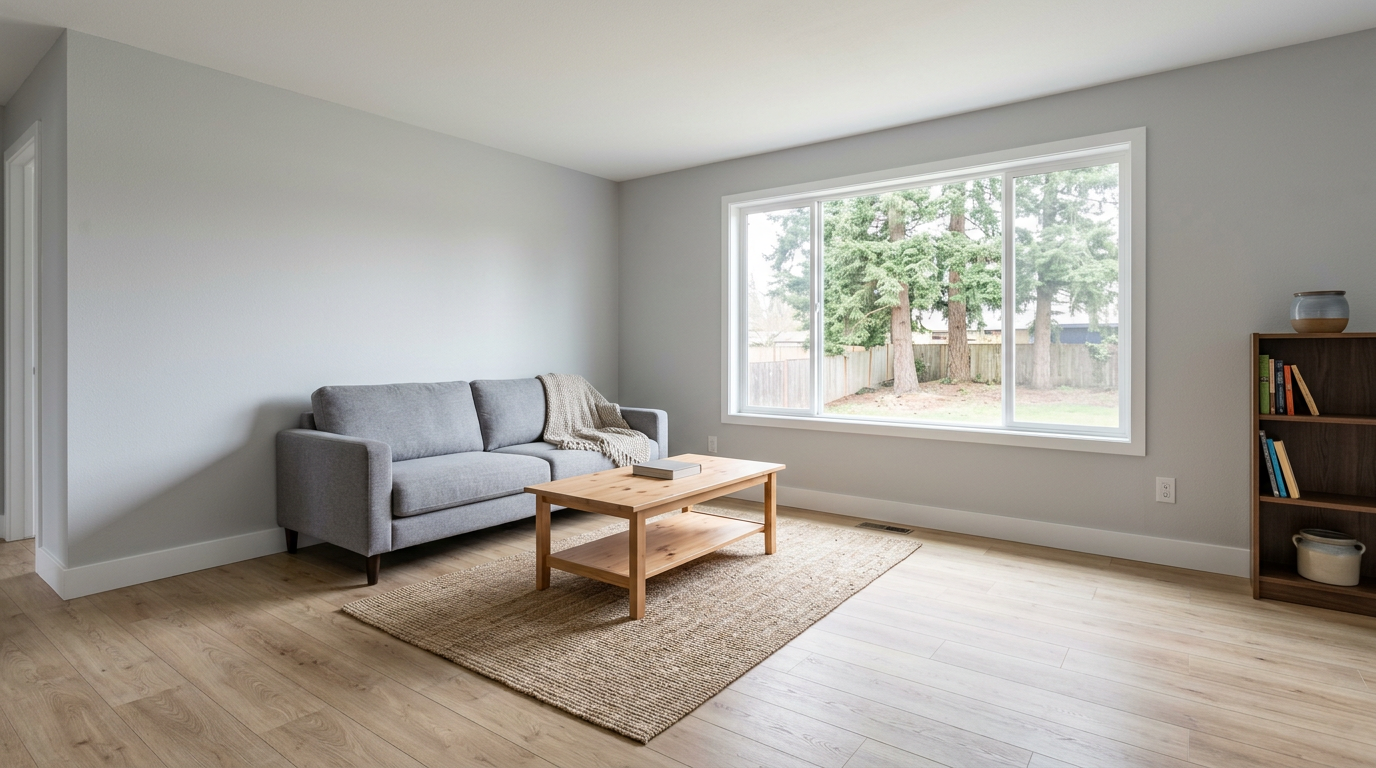 A bright, newly remodeled living room in an Everett home, showing new paint, trim, and flooring.