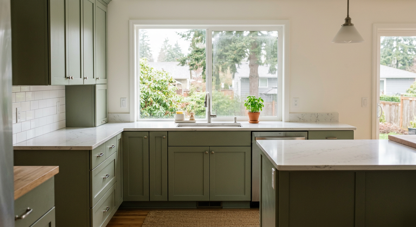 A bright, modern kitchen in an Everett home after a successful remodel with green cabinets and quartz countertops.