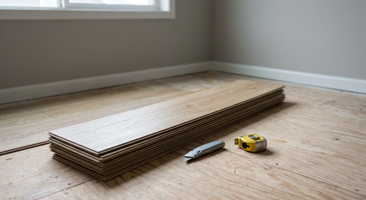A stack of new luxury vinyl plank flooring ready for installation in a Bothell, WA home.