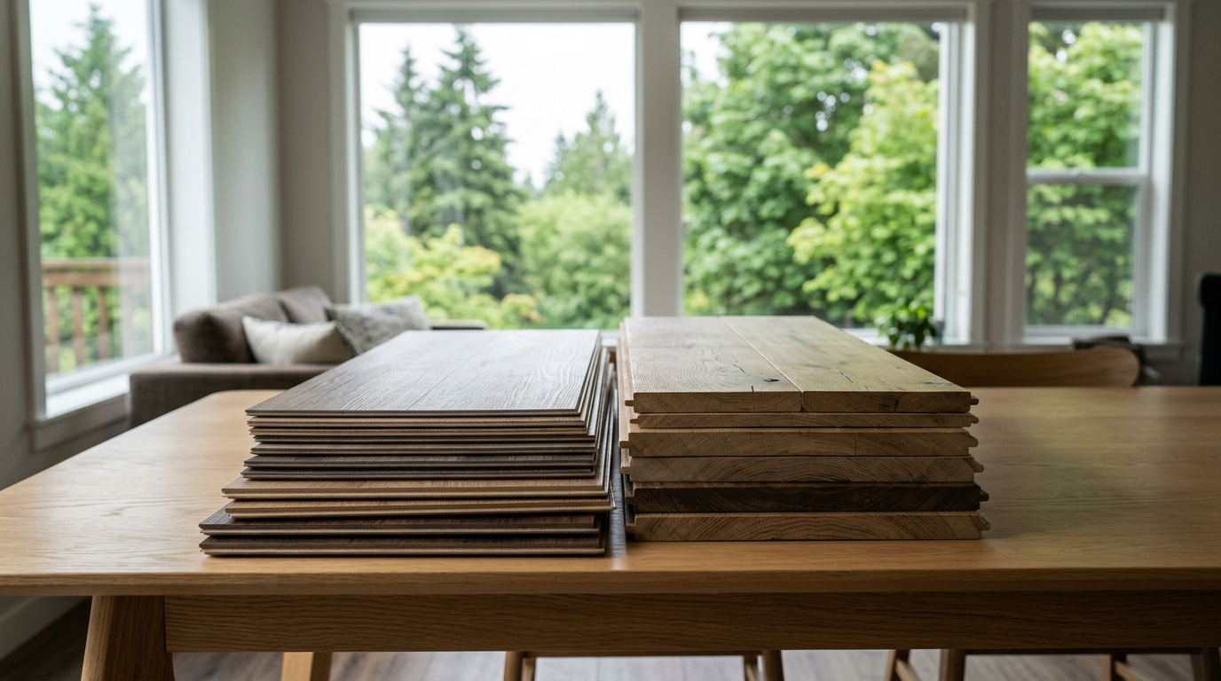 Engineered hardwood and LVP flooring samples on a table in a Bellevue, WA home.