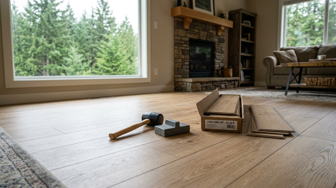Newly installed LVP flooring in an Everett, WA home with installation tools resting on top.