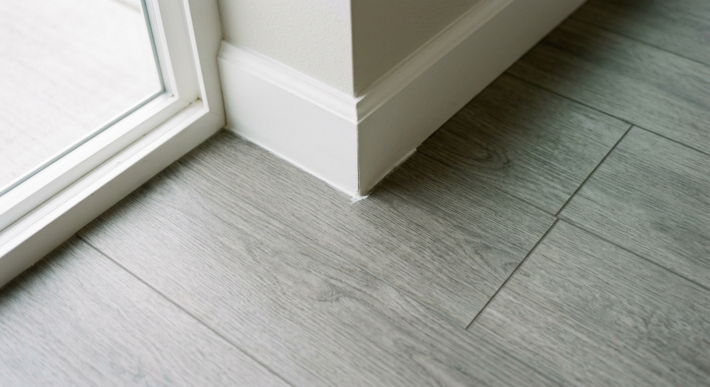 New luxury vinyl plank flooring installed next to a white baseboard in a Bellevue, WA home remodel.