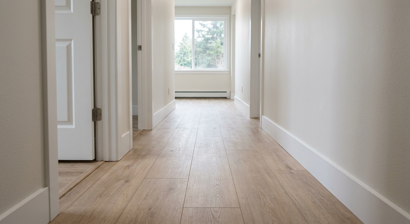 Newly installed light-colored LVP flooring in a hallway of a Bothell, WA home.