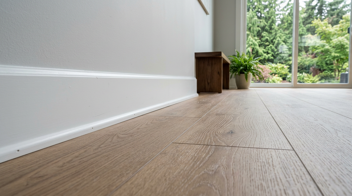 Newly installed LVP flooring with clean baseboard trim in a bright Kirkland, WA home.
