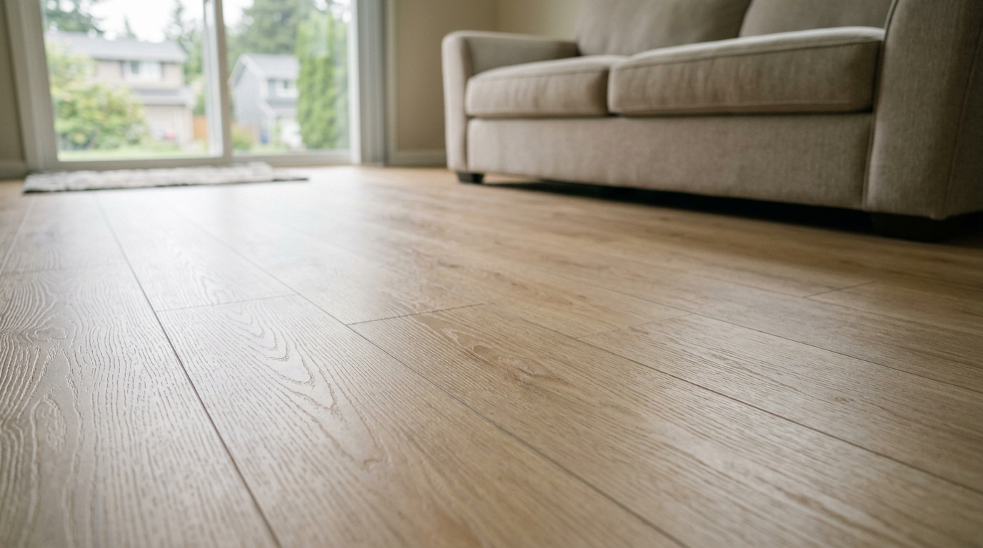 A low-angle view of newly installed luxury vinyl plank flooring in a modern Lynnwood, WA home.