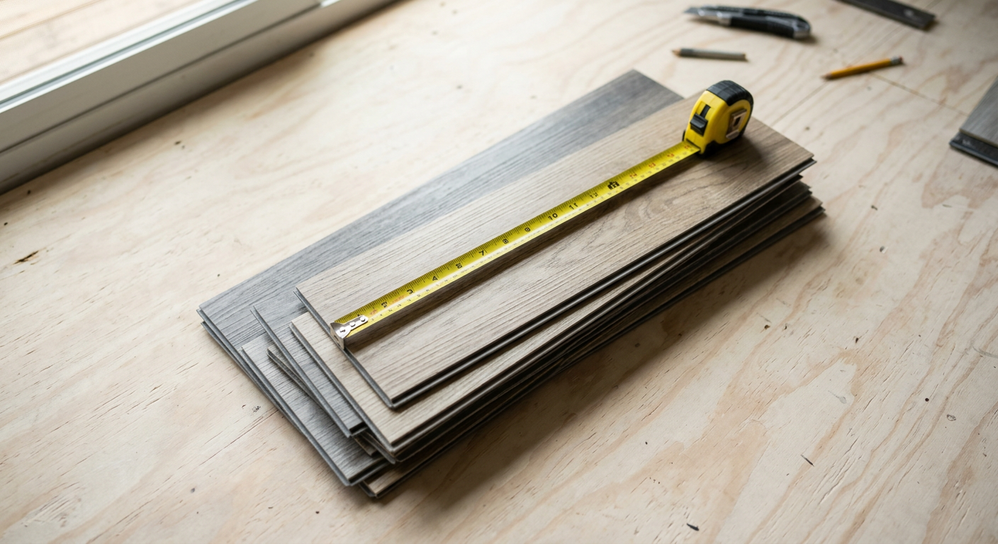 A stack of LVP flooring samples being measured for a flooring replacement project in a Mill Creek, WA home.