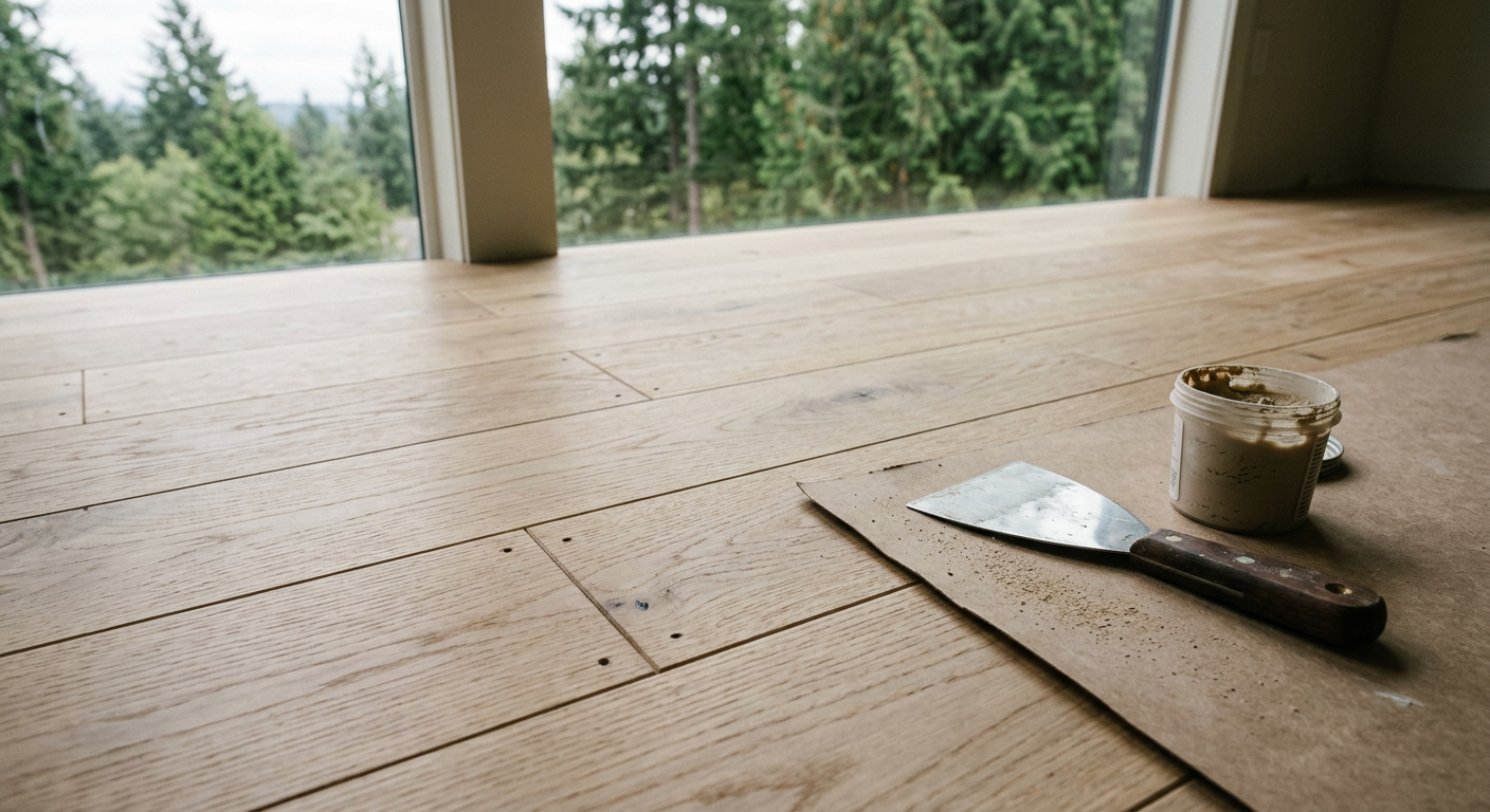 A close-up of new wide-plank hardwood flooring being installed in a Redmond, WA home, showing the cost and craftsmanship involved.
