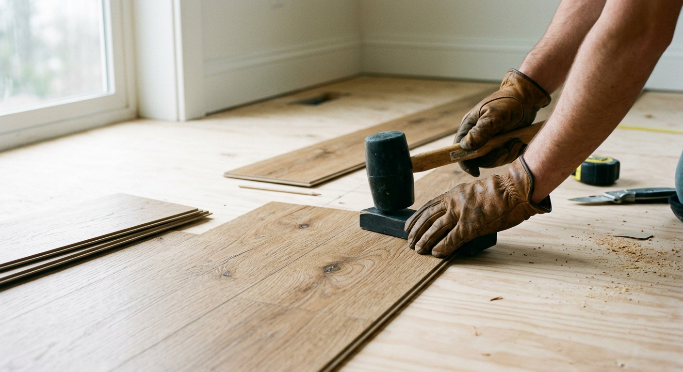 Close-up of new LVP flooring being installed in an Everett, WA home.