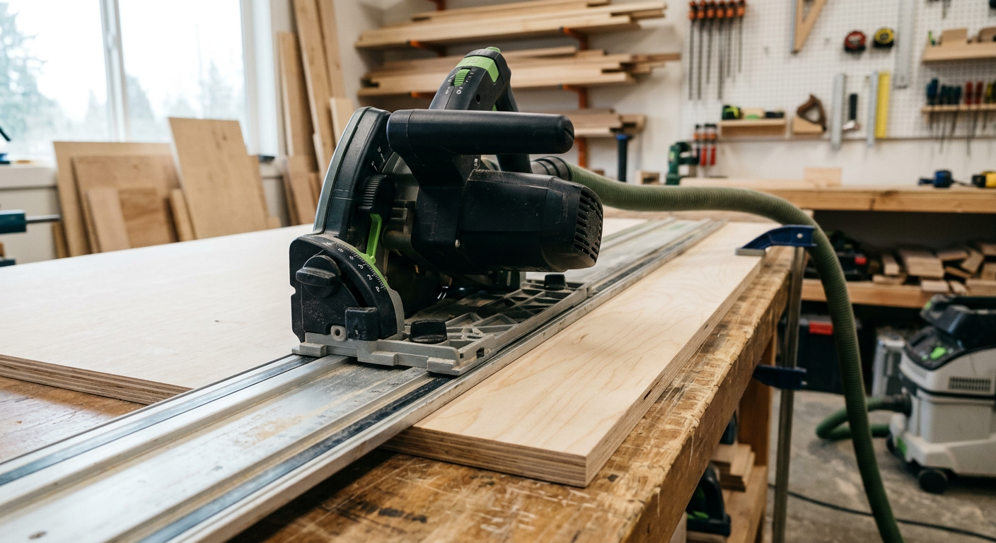 A contractor's view of a precision cut being made for a custom cabinet during a Bellevue full-home remodel.