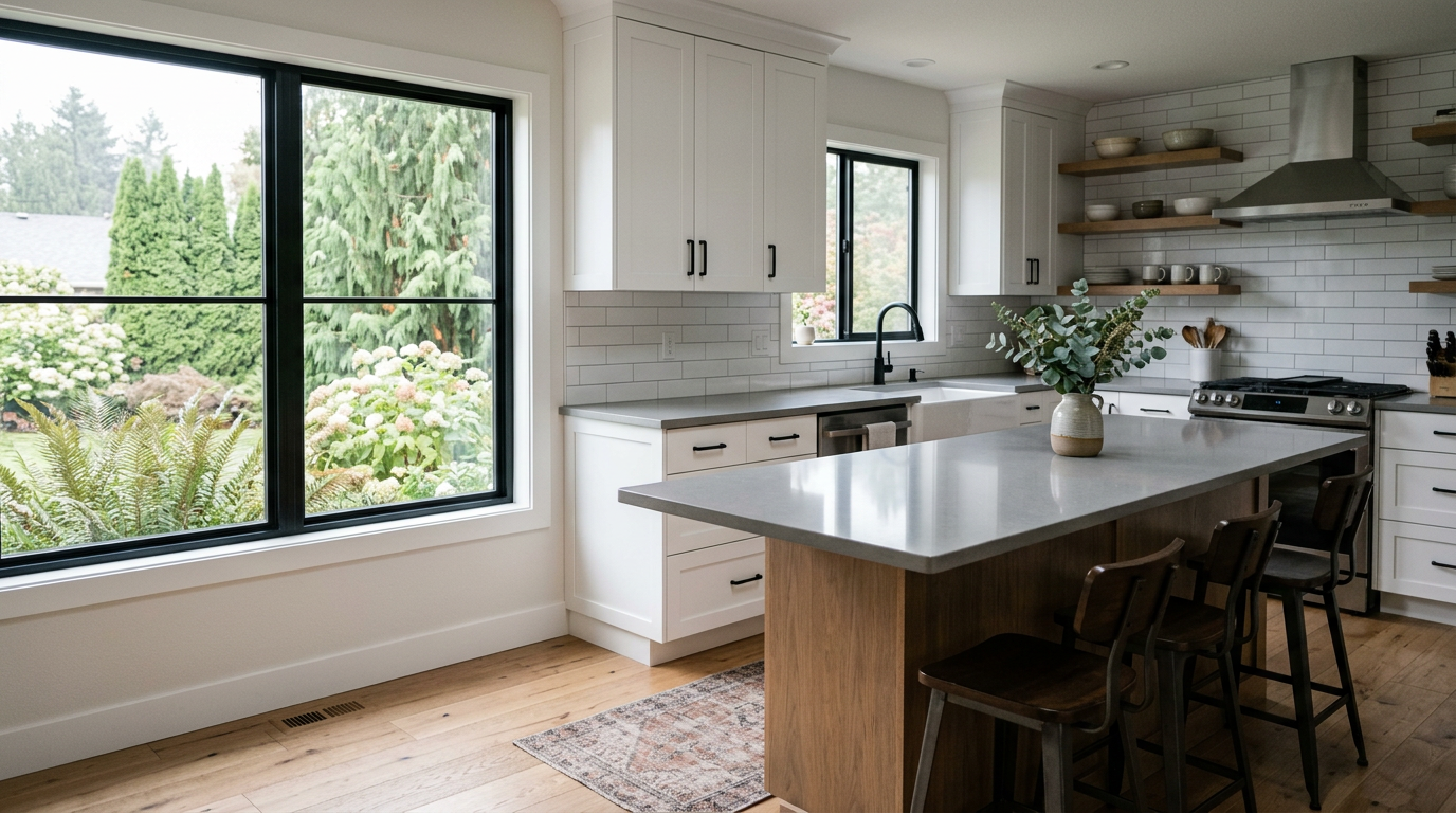 The bright, clean kitchen of a newly completed full-home remodel in Marysville, WA.