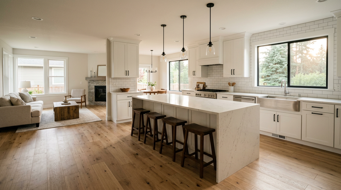 The open-concept kitchen and living room of a beautifully completed full-home remodel in Mill Creek, WA.