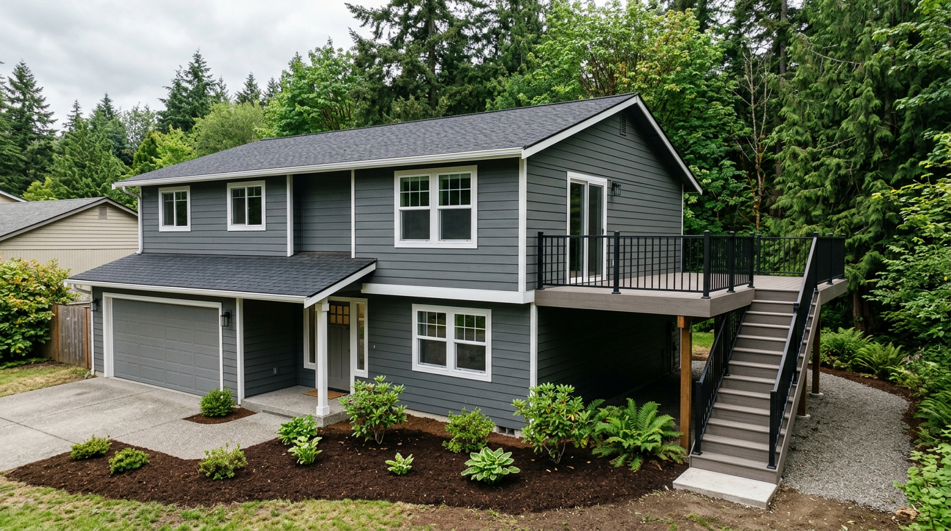 The clean exterior of a newly remodeled home in Mountlake Terrace, WA after a full-home renovation.