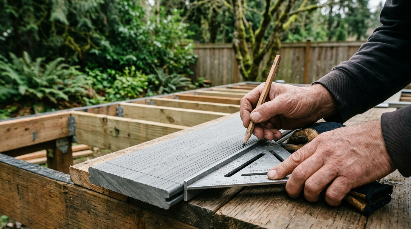 Carpenter marking a composite deck board for a full-home remodel in Lynnwood, WA.