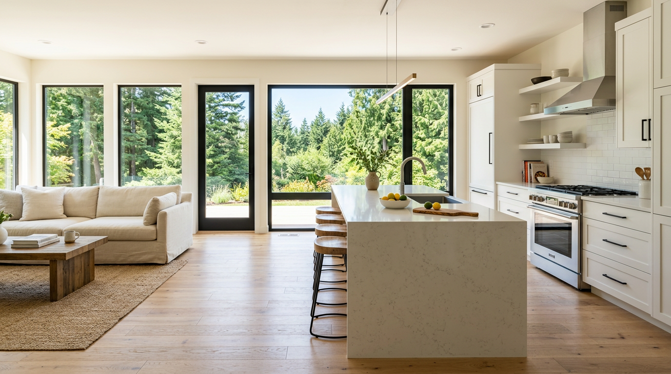 The bright, open-concept kitchen of a newly completed full-home remodel in Mukilteo, WA.