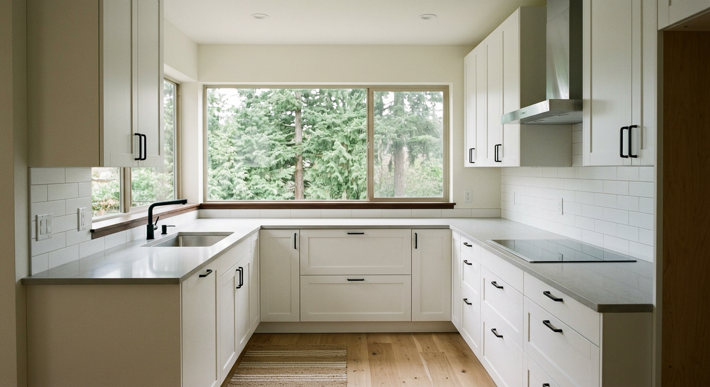 A newly completed IKEA kitchen remodel in a Seattle home, featuring white cabinets and a view of PNW trees.