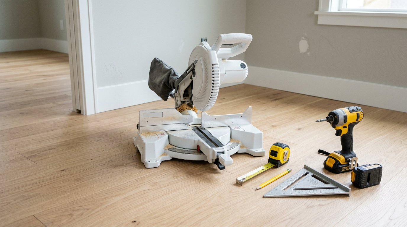 Tools for an interior remodel project in a Bothell, WA home, including a miter saw and new trim.