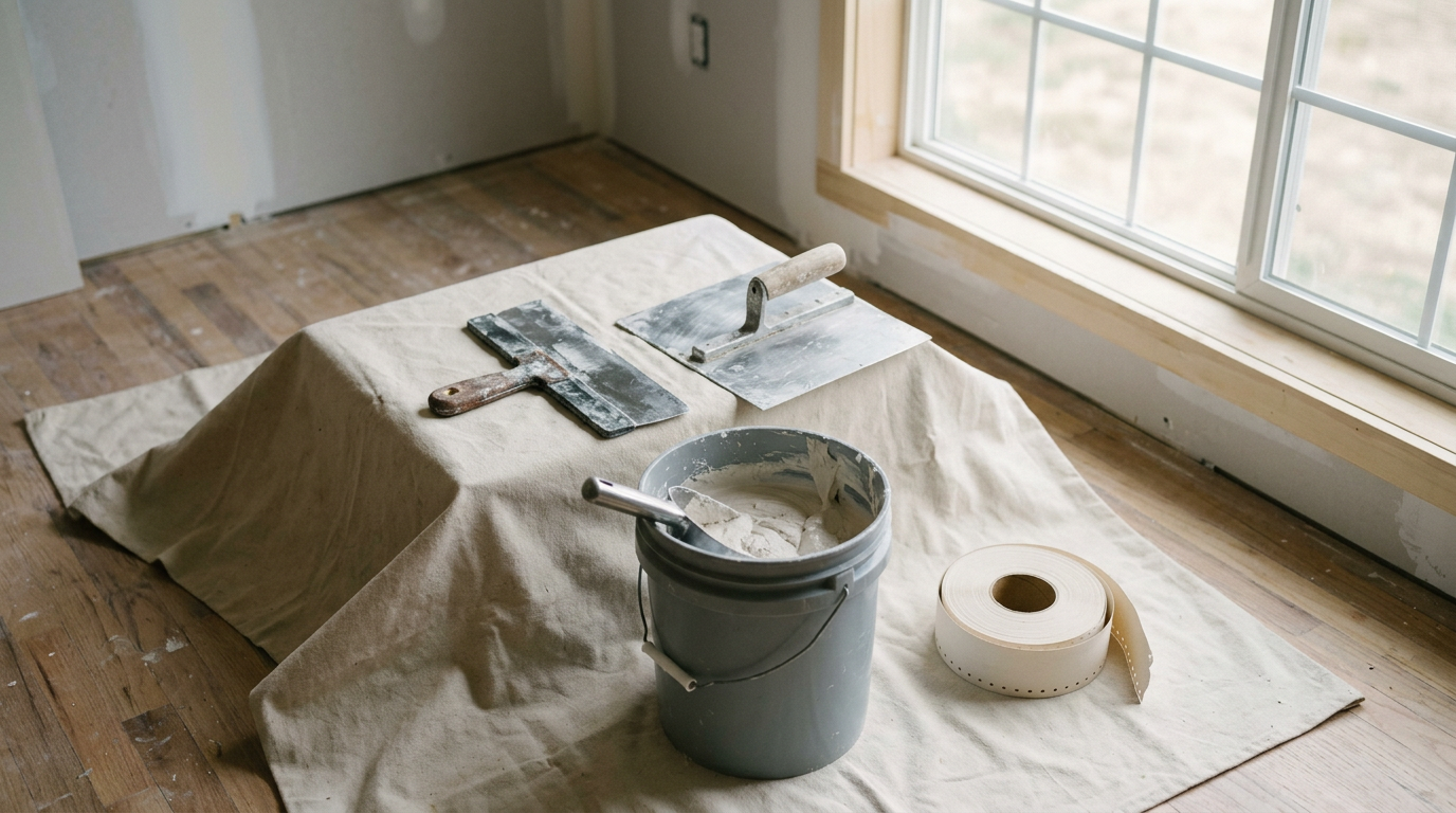 A clean layout of drywall taping tools for an interior remodel project in a Lynnwood, WA home.